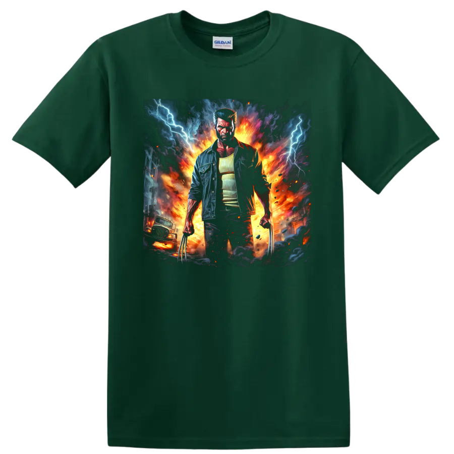 Wolverine clawed superhero in explosive fire and lightning comic art on a Forest Green T Shirt