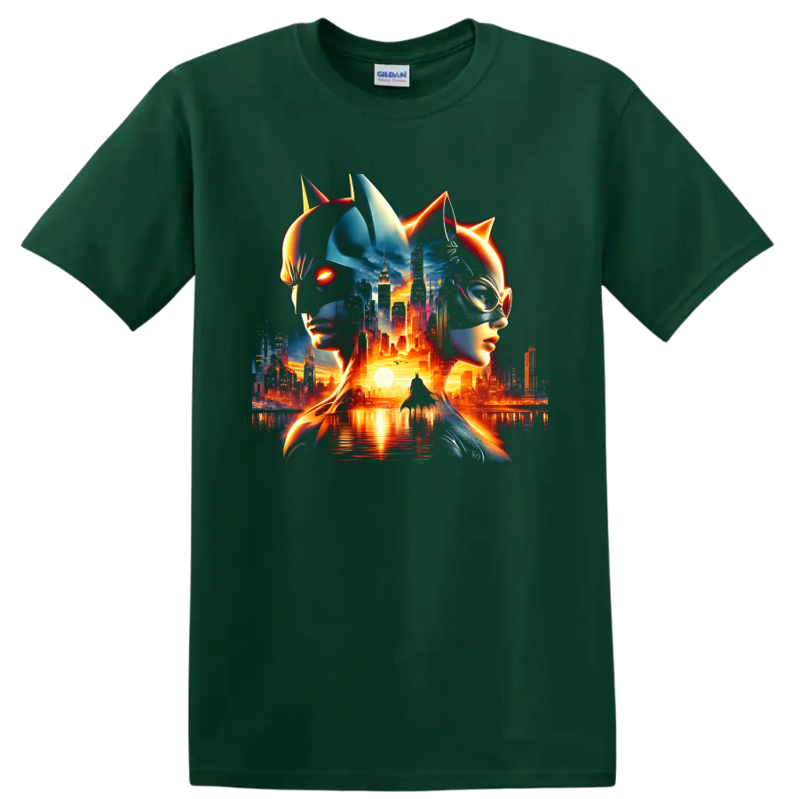 Batman and Catwoman neon city skyline dark art graphic print on a Forest Green T Shirt