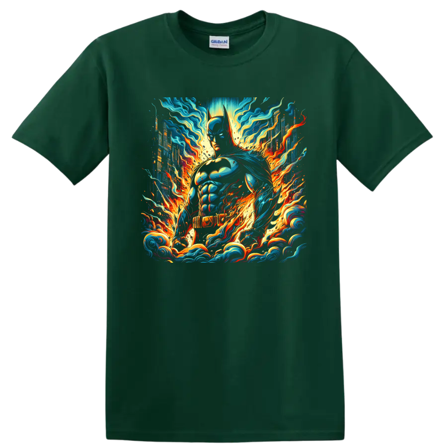 Batman comic art with neon cityscape, teal energy waves, and orange flames on a Forest Green T Shirt