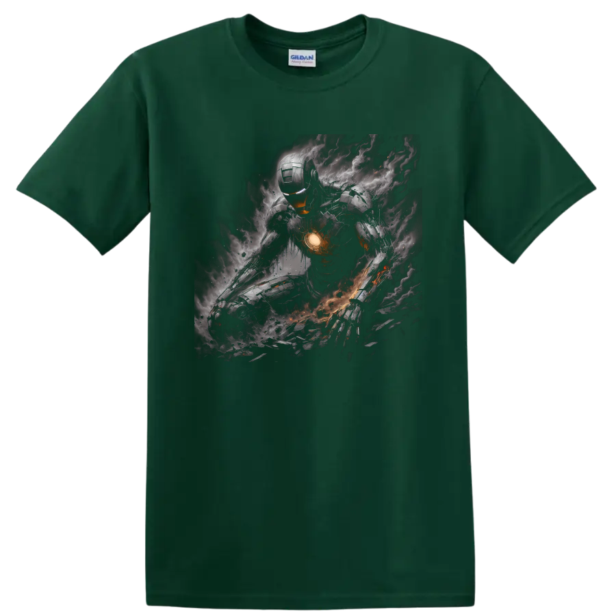Iron Man armored battle art with glowing chest core, smoke, sparks, and debris on a Forest Green T Shirt