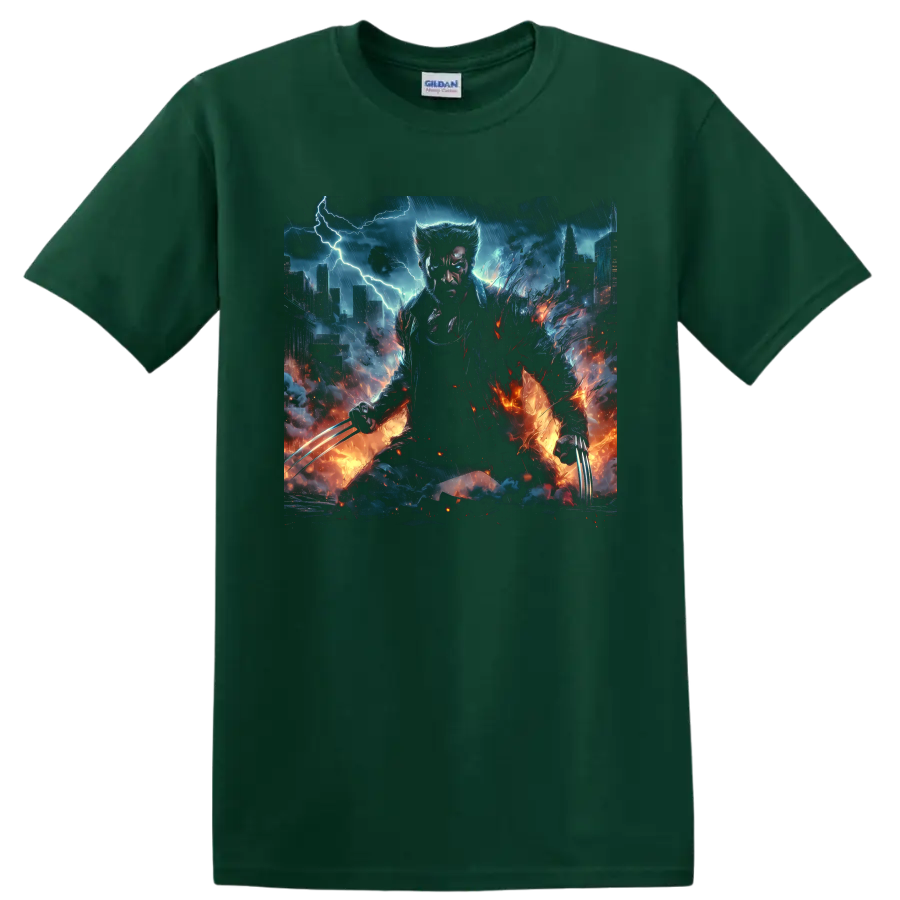 Wolverine storm city comic art with extended claws, lightning, and fire on a Forest Green T Shirt