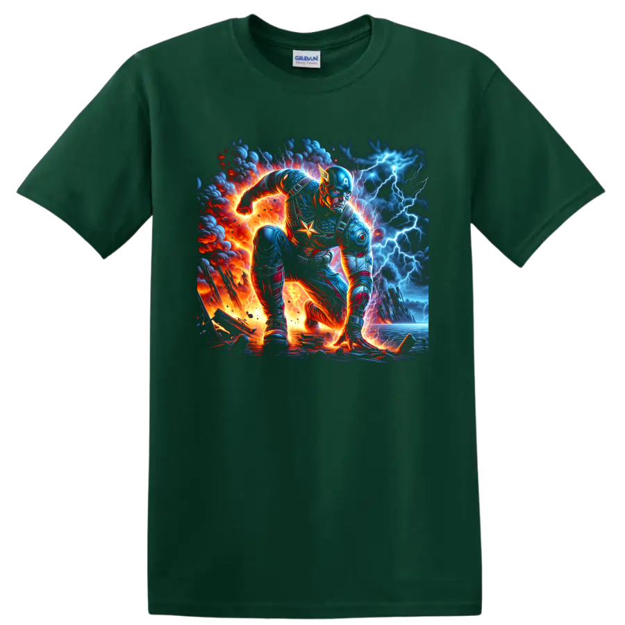 Captain America in a fiery lightning battle, detailed comic-inspired action art on a Forest Green T Shirt