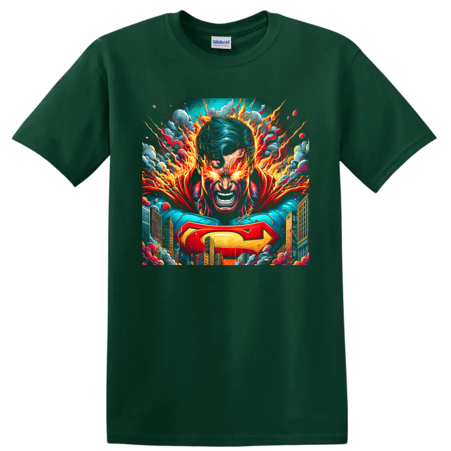 Superman fiery city hero portrait in explosive comic art on a Forest Green T Shirt