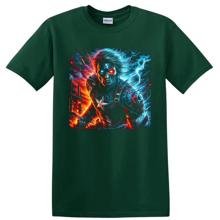 Captain America fire and ice fantasy portrait with lightning and star emblem graphic on a Forest Green T Shirt