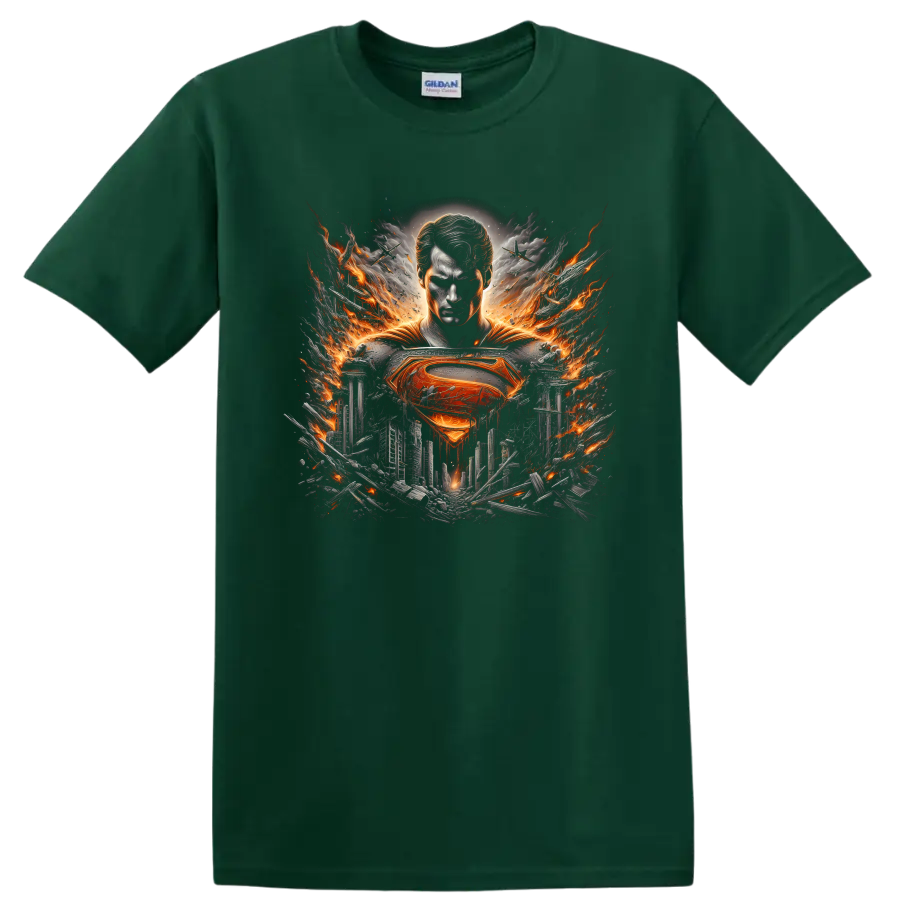 Superman with fiery emblem over a shattered city in cinematic comic book art on a Forest Green T Shirt