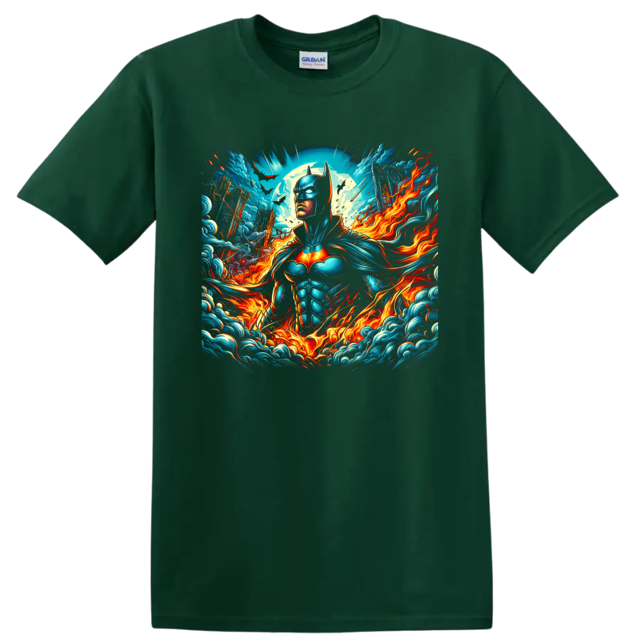 Batman fantasy-comic graphic with moon, bats, teal waves, and swirling fire on a Forest Green T Shirt
