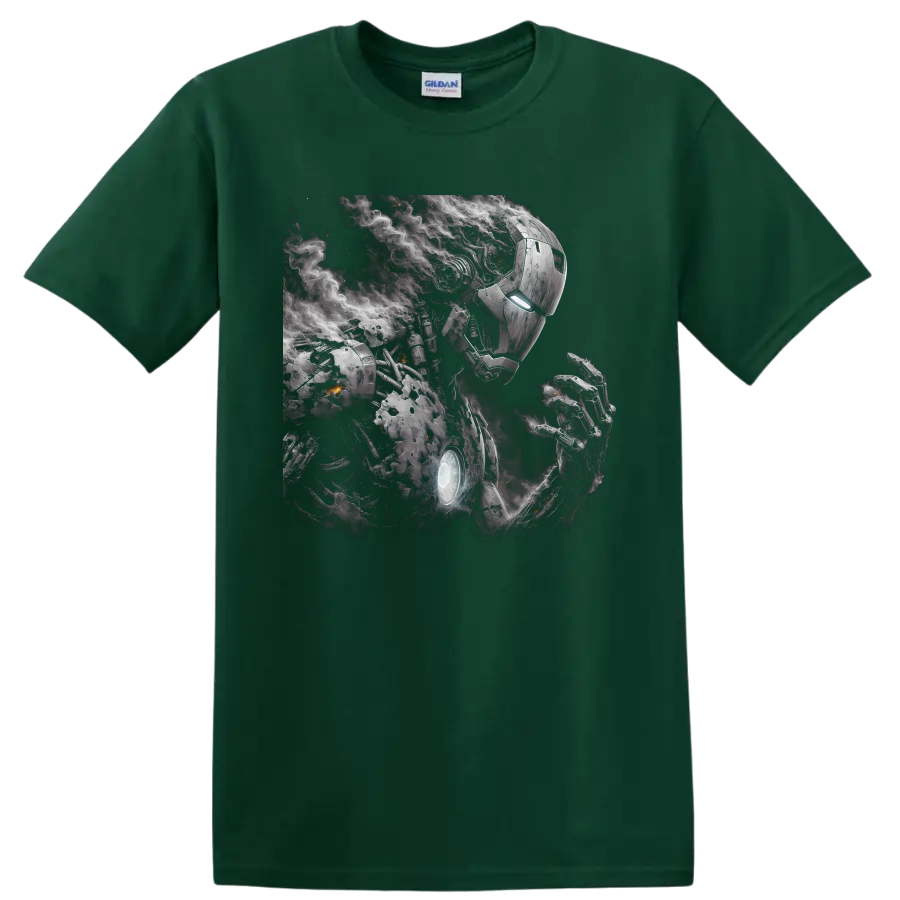 Iron Man battle-worn armor portrait with glowing reactor, smoke, and sparks on a Forest Green T Shirt