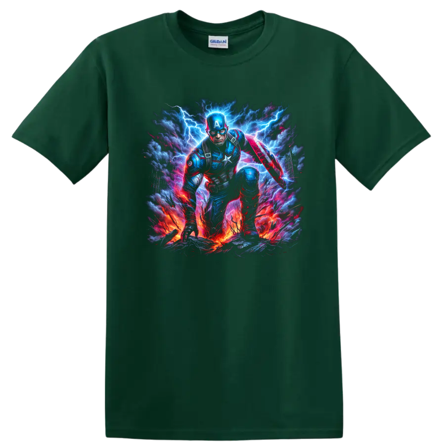 Captain America shield hero in electric lightning storm action graphic on a Forest Green T Shirt