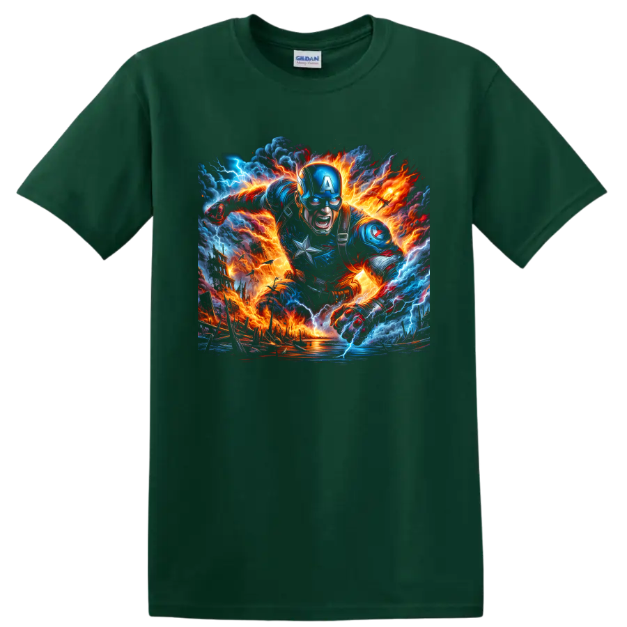 Captain America charging through lightning and fire in dynamic battle art on a Forest Green T Shirt