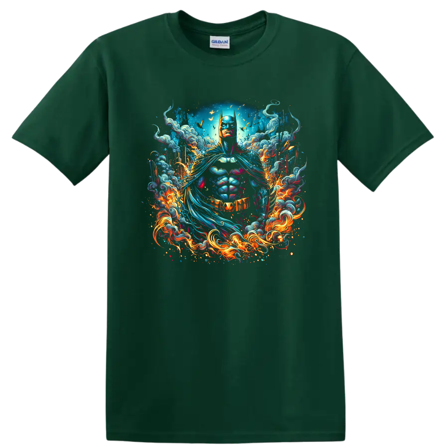 Batman in vibrant comic art with swirling waves, flames, and bat emblem on a Forest Green T Shirt