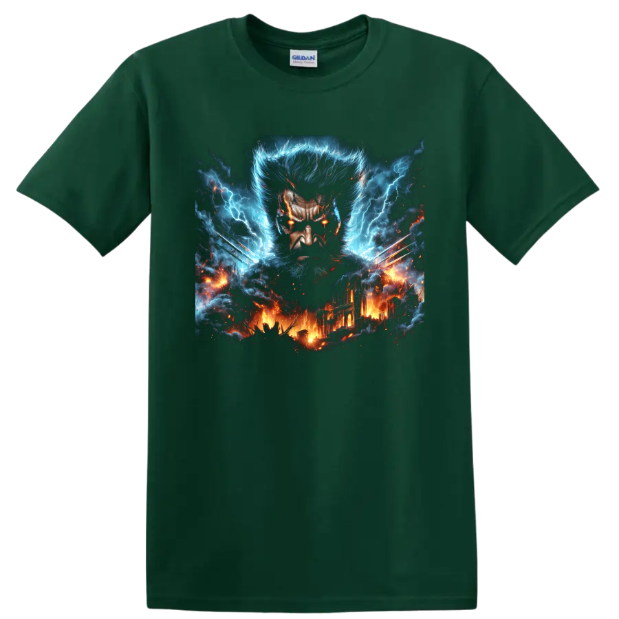 Wolverine portrait with metal claws, blue lightning, and fiery city comic art on a Forest Green T Shirt