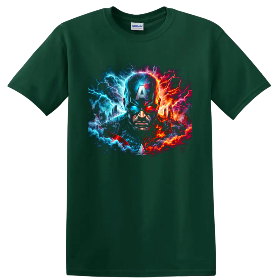 Captain America portrait with split blue and red lightning cityscape graphic on a Forest Green T Shirt