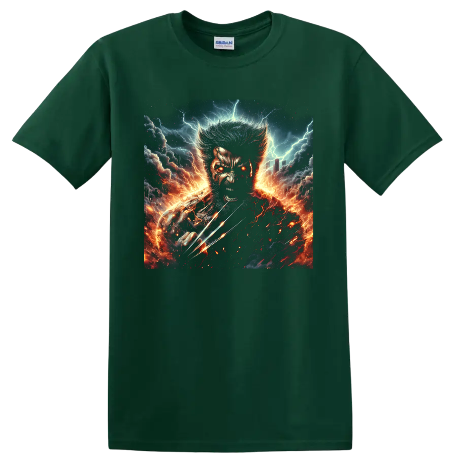 Wolverine revenge portrait with metal claws, lightning, fire, and storm artwork on a Forest Green T Shirt