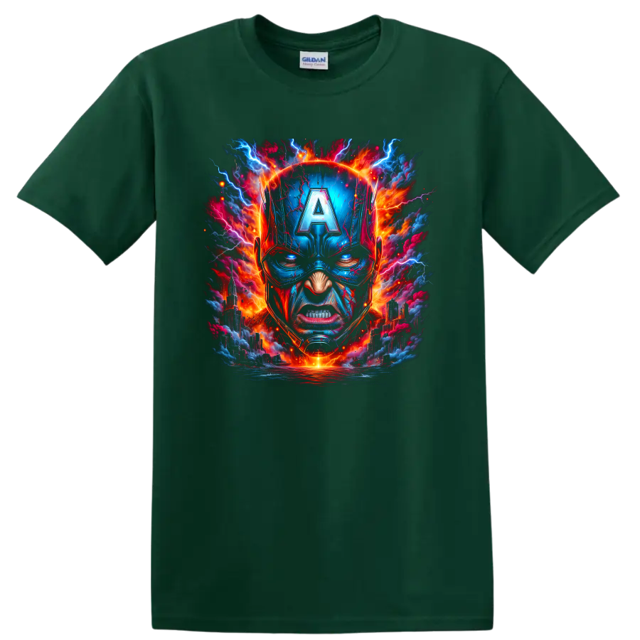 Captain America helmet portrait with electric lightning and fiery cityscape graphic art on a Forest Green T Shirt
