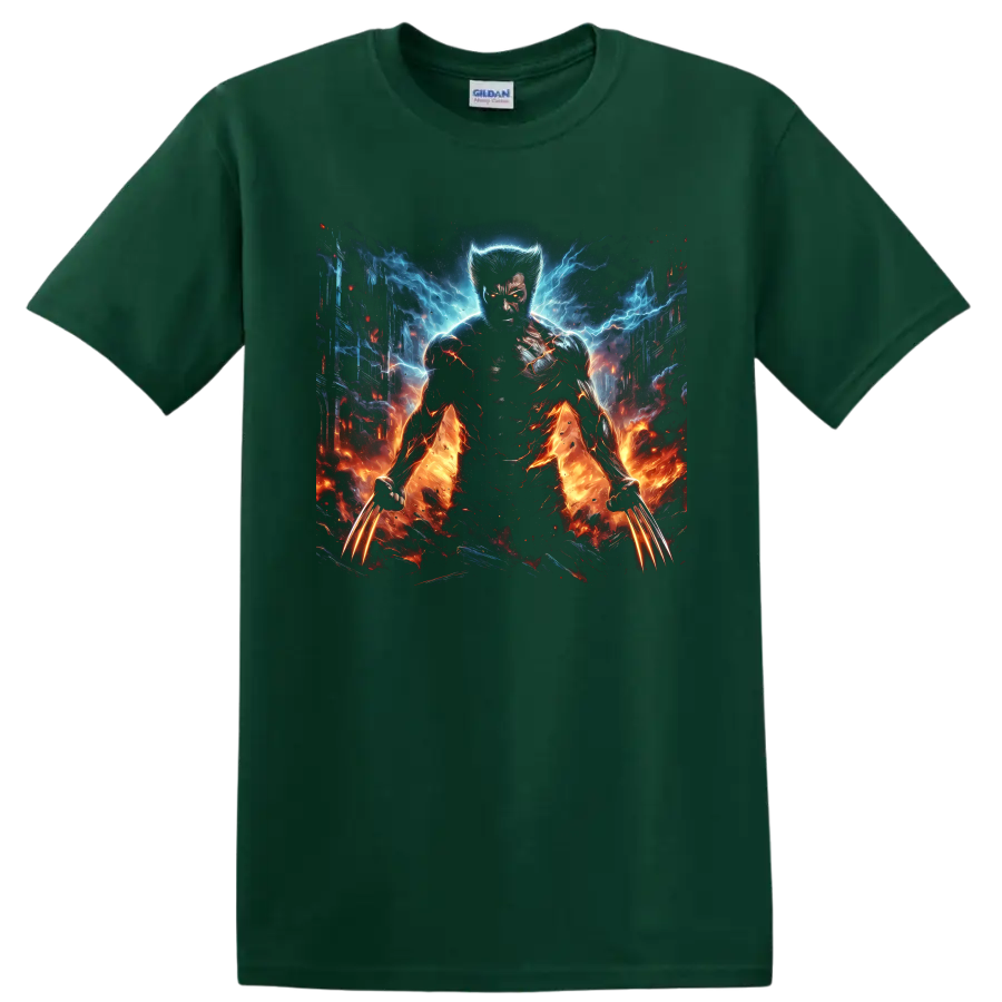 Wolverine comic-style hero with glowing claws, blue lightning, fire, and city backdrop on a Forest Green T Shirt