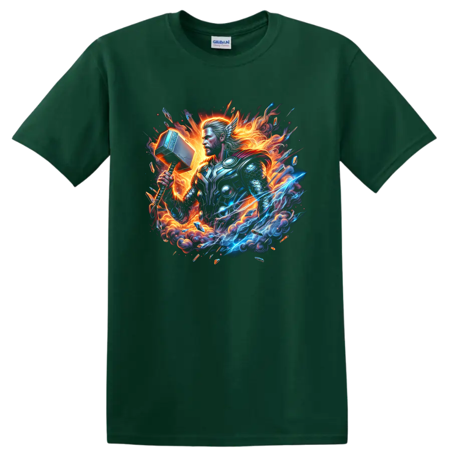 Thor armored hammer warrior in electric lightning and fiery fantasy graphic art on a Forest Green T Shirt