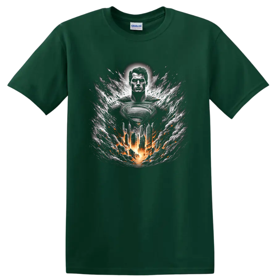 Superman with metallic emblem, fiery city, and swirling storm graphic art on a Forest Green T Shirt