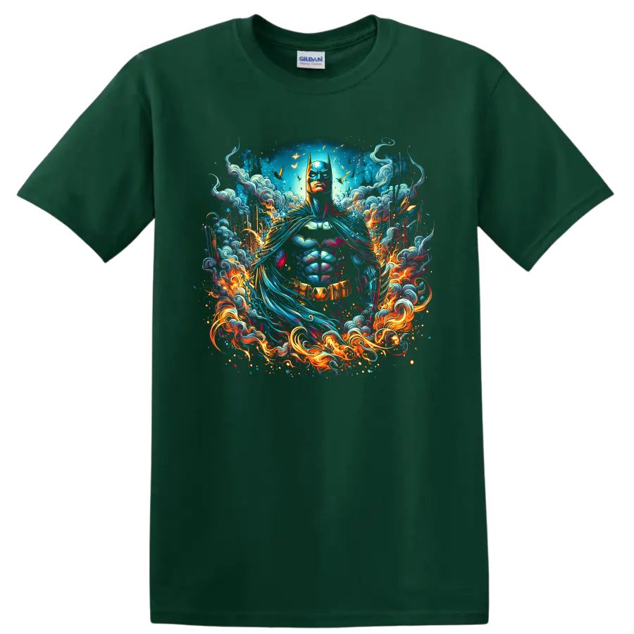Batman neon comic art portrait with swirling blue waves, bats, and fiery flames on a Forest Green T Shirt