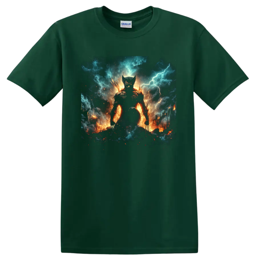 Wolverine clawed superhero in fiery storm battle graphic on a Forest Green T Shirt