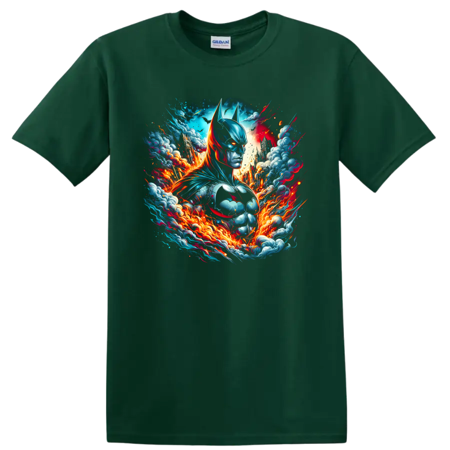 Batman comic art portrait with teal armor, fiery energy, clouds, and sparks on a Forest Green T Shirt