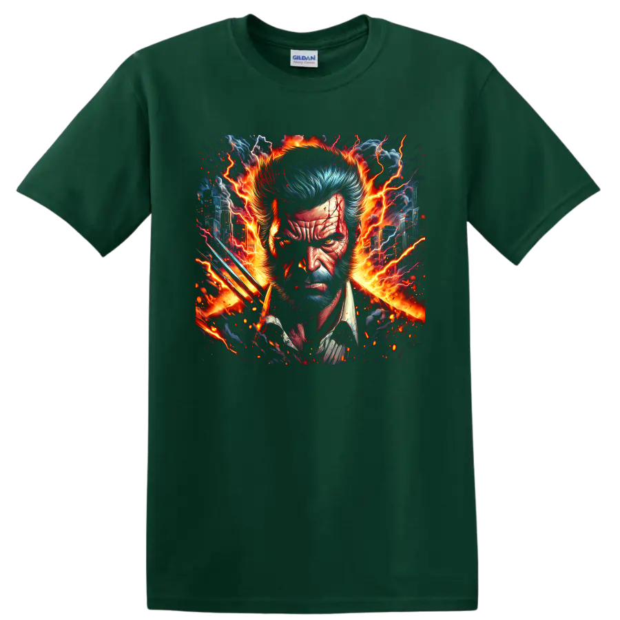 Wolverine portrait with claws, fiery lightning, and city comic art on a Forest Green T Shirt