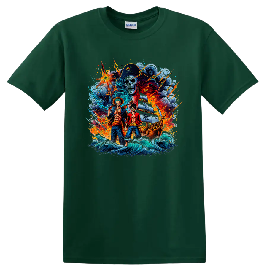One Piece Luffy, Zoro, and Brook pirate ship adventure graphic print on a Forest Green T Shirt