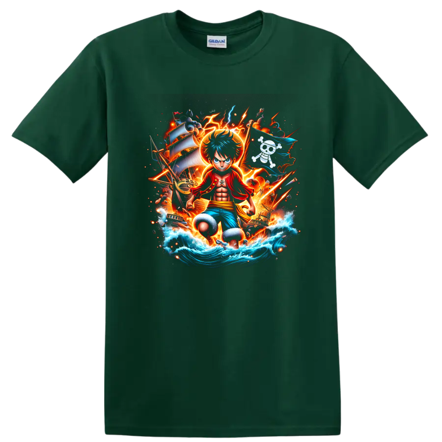 Monkey D. Luffy pirate adventure graphic with ships, lightning, waves, and pirate flag on a Forest Green T Shirt