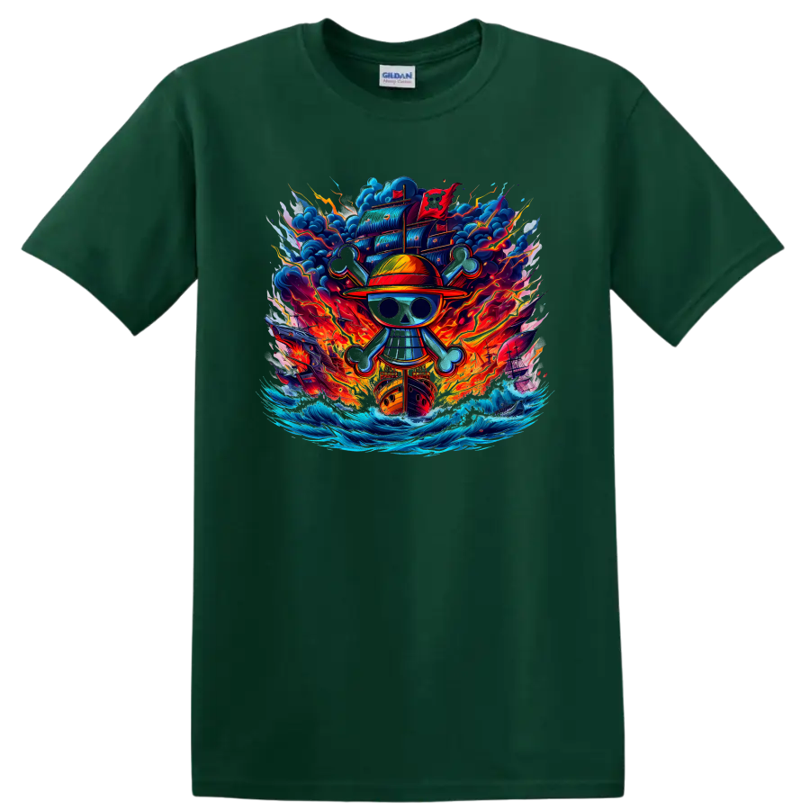 One Piece Straw Hat Pirates skull emblem with fiery ship, storm clouds, and ocean waves on a Forest Green T Shirt