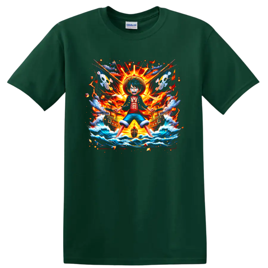 Monkey D. Luffy anime action art with pirate ships, ocean waves, lightning, and sunburst on a Forest Green T Shirt