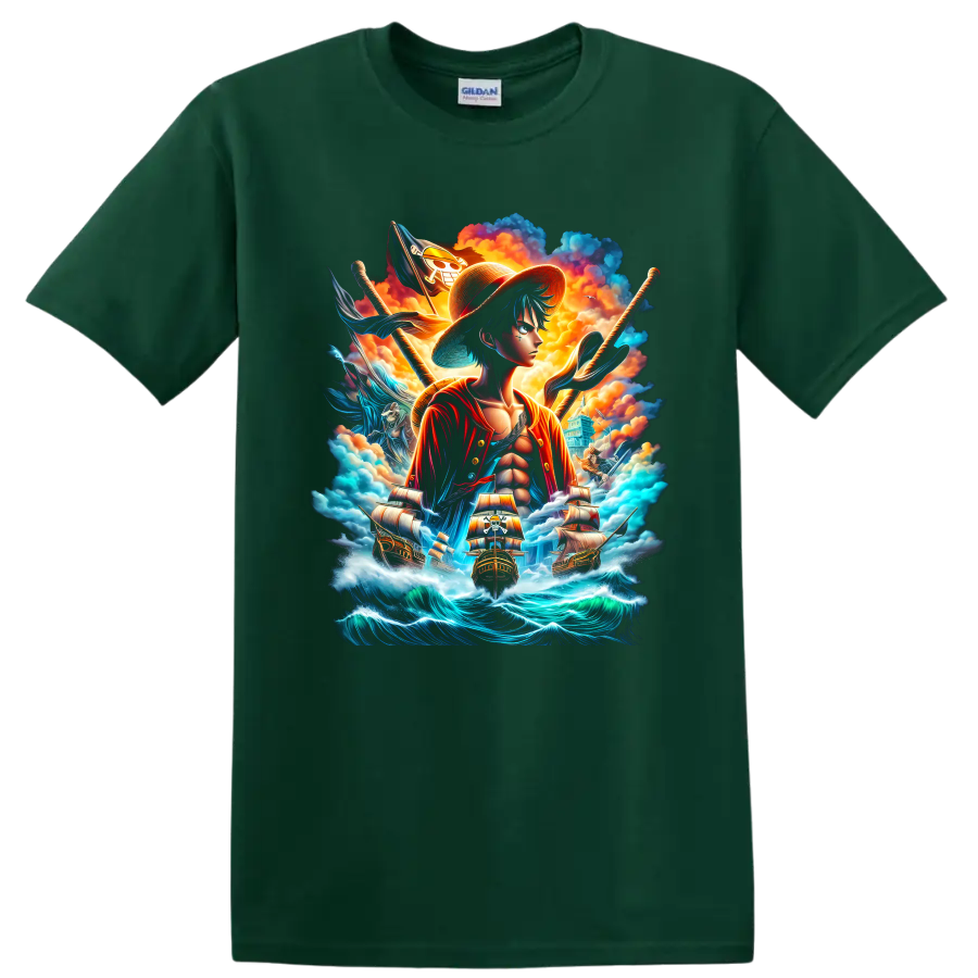 Monkey D. Luffy anime pirate artwork with ships, skull flag, clouds, and ocean waves on a Forest Green T Shirt