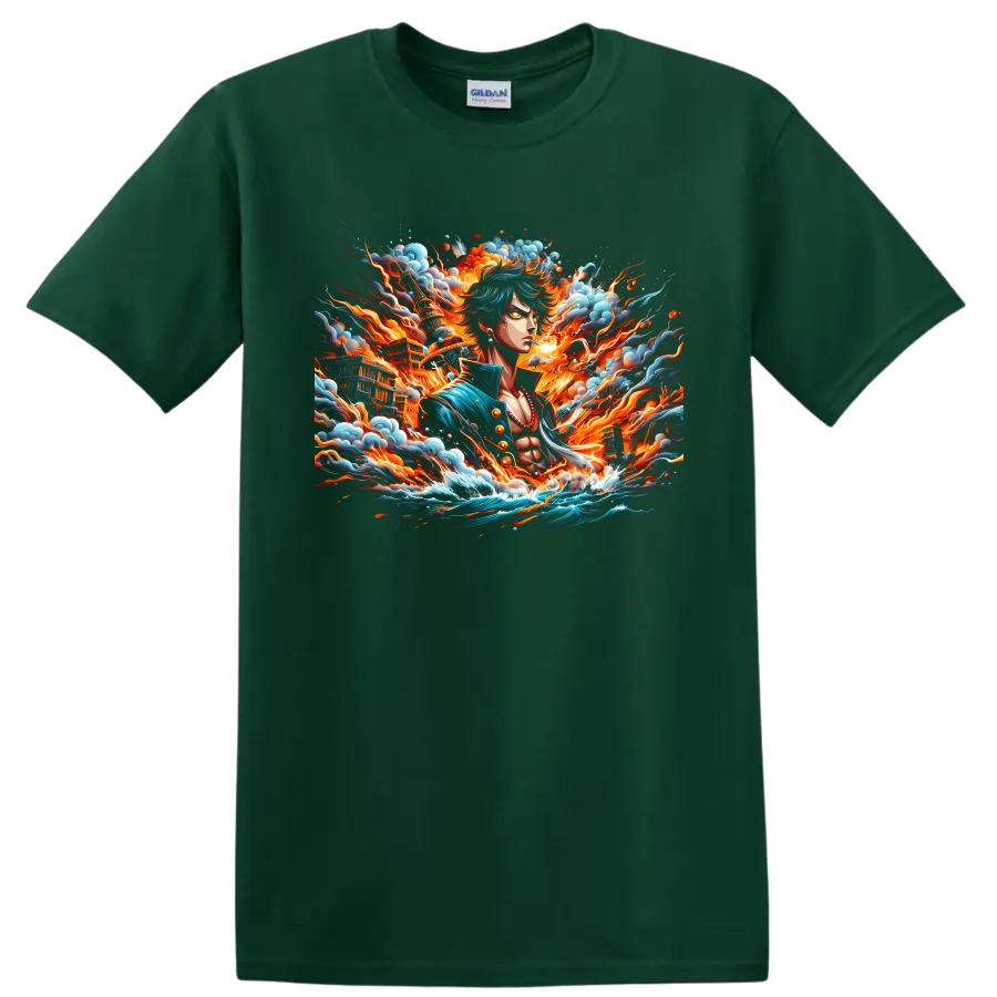 Monkey D. Luffy Gear 5 anime art with fiery energy, clouds, and crashing waves on a Forest Green T Shirt