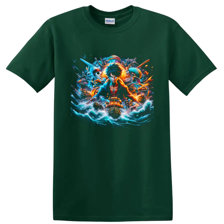 Monkey D. Luffy anime pirate adventure graphic with ships, waves, and glowing effects on a Forest Green T Shirt