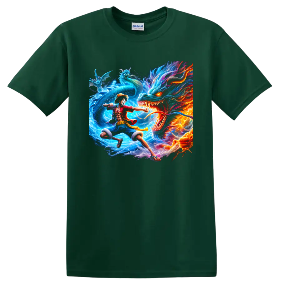 Monkey D. Luffy versus Kaido dragon battle in vivid One Piece anime art on a Forest Green T Shirt