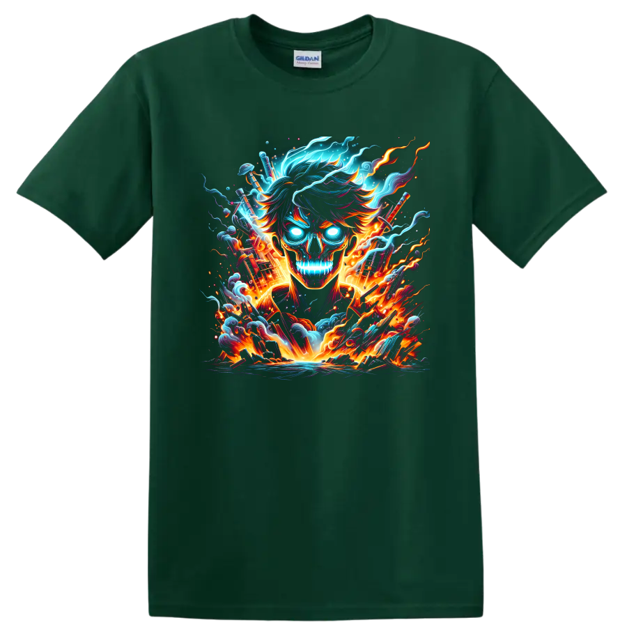 Satoru Gojo flaming skull with neon energy, crossed swords, smoke, and anime fire on a Forest Green T Shirt