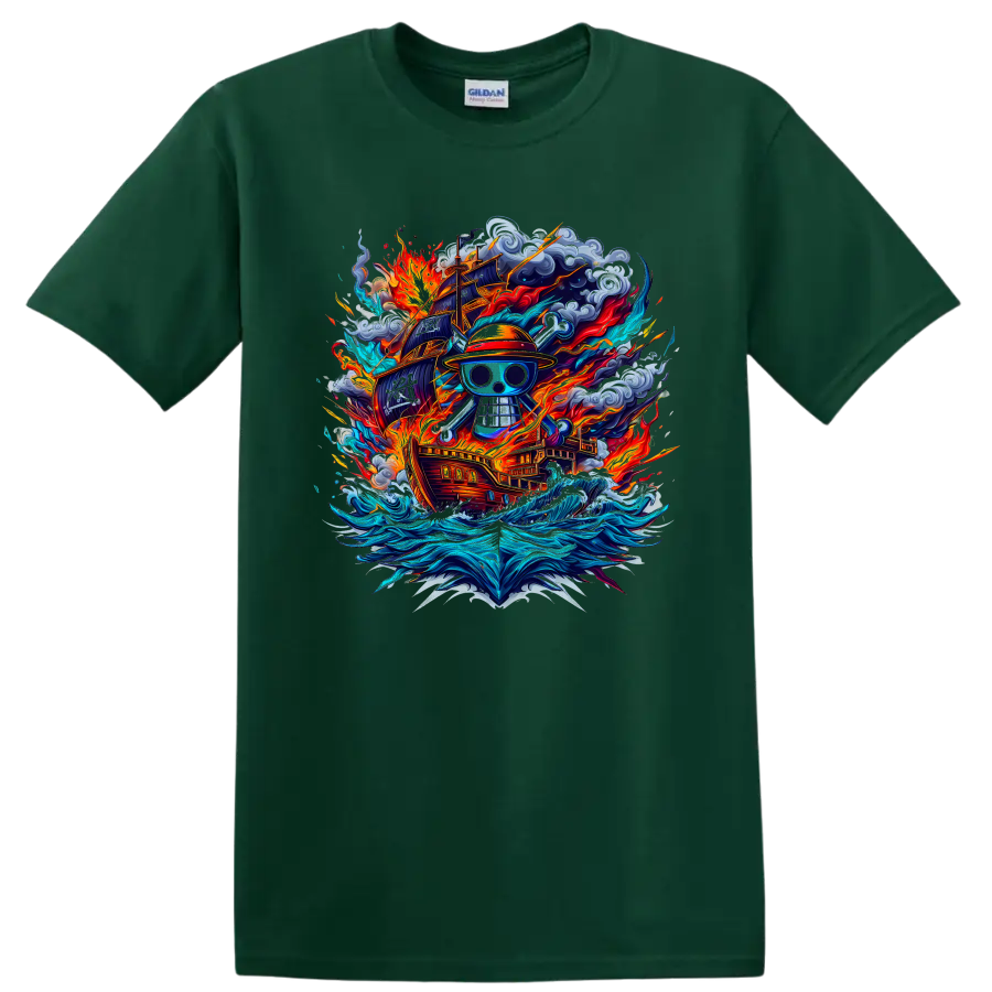 One Piece Straw Hat Pirates skull with fiery ship, storm clouds, and ocean waves on a Forest Green T Shirt