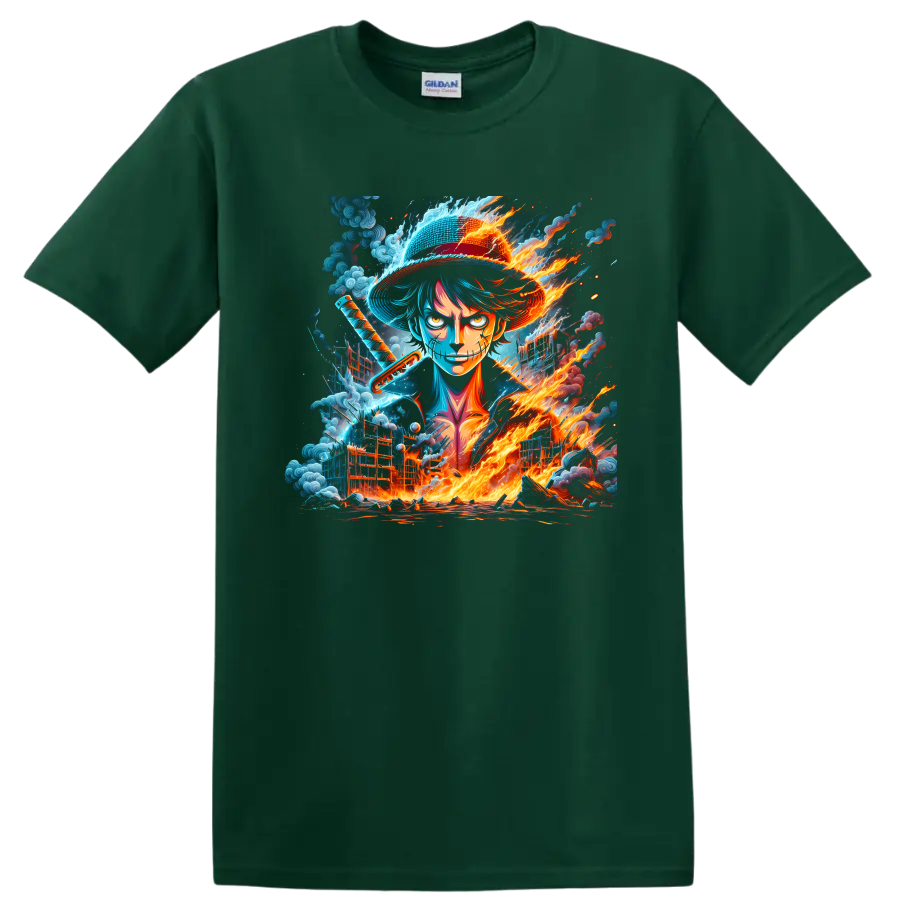 Monkey D. Luffy in a fiery blue anime warrior graphic with straw hat and sword on a Forest Green T Shirt