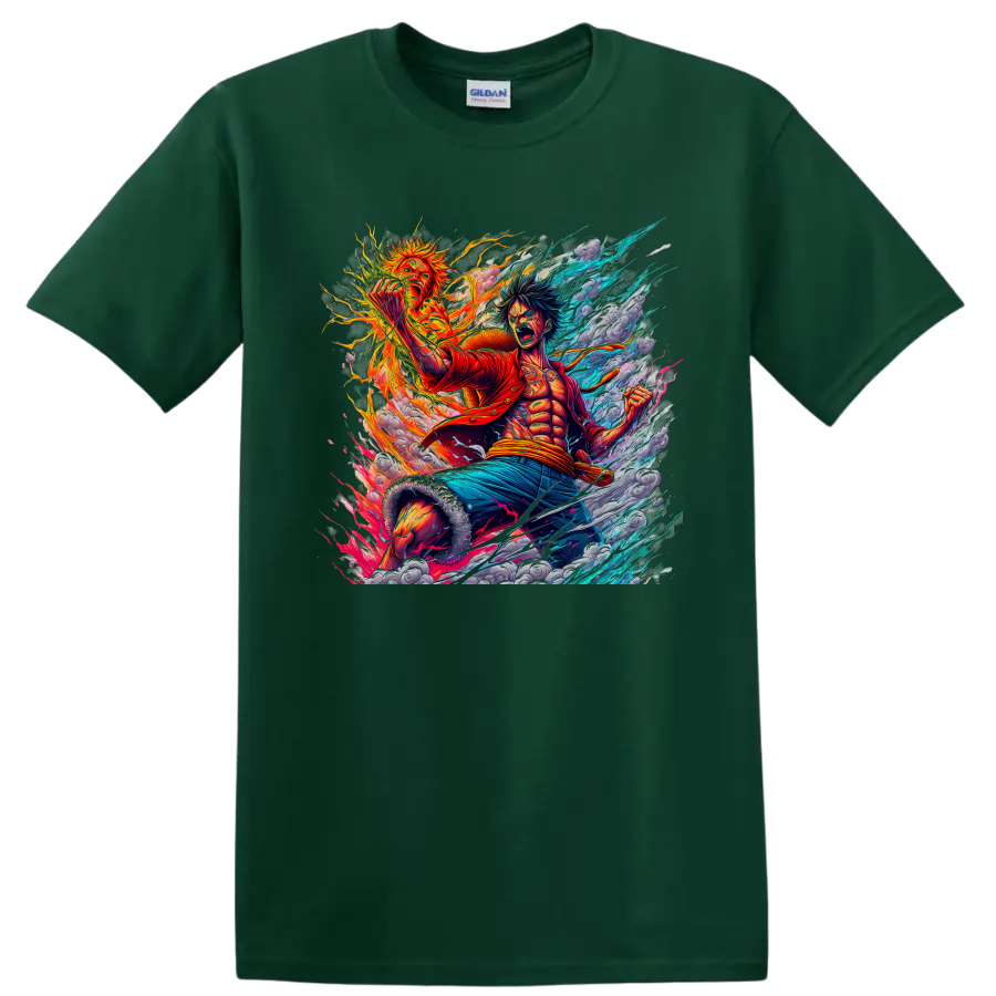 Monkey D. Luffy fiery One Piece anime action graphic with blue energy streaks on a Forest Green T Shirt