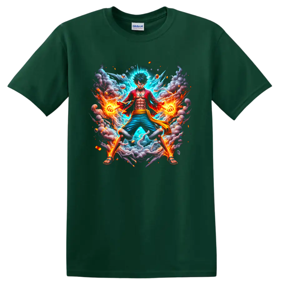 Monkey D. Luffy Gear 5 anime action graphic with fire, lightning, smoke, and sparks on a Forest Green T Shirt