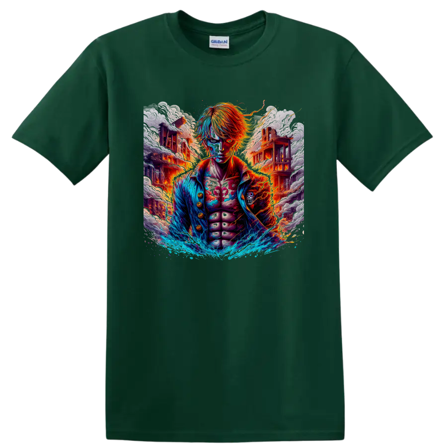 Sanji One Piece anime battle graphic with fire, blue water waves, and ruined buildings on a Forest Green T Shirt