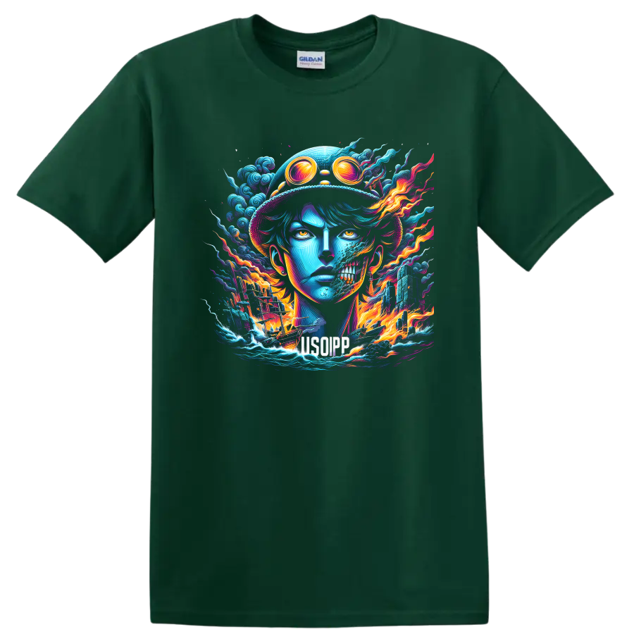 Usopp neon pirate portrait with goggles, skull effect, waves, ship, and flames on a Forest Green T Shirt