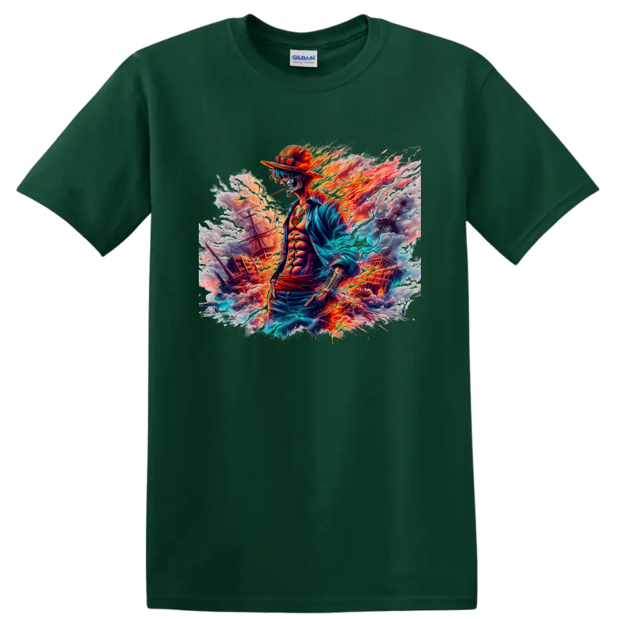 Portgas D. Ace fire pirate battle graphic with ships, flames, and ocean energy on a Forest Green T Shirt