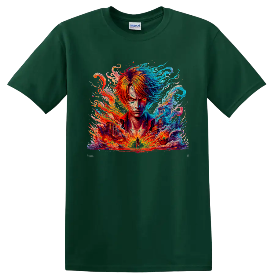 Shanks anime portrait with fire, waves, and vivid blue and orange energy on a Forest Green T Shirt