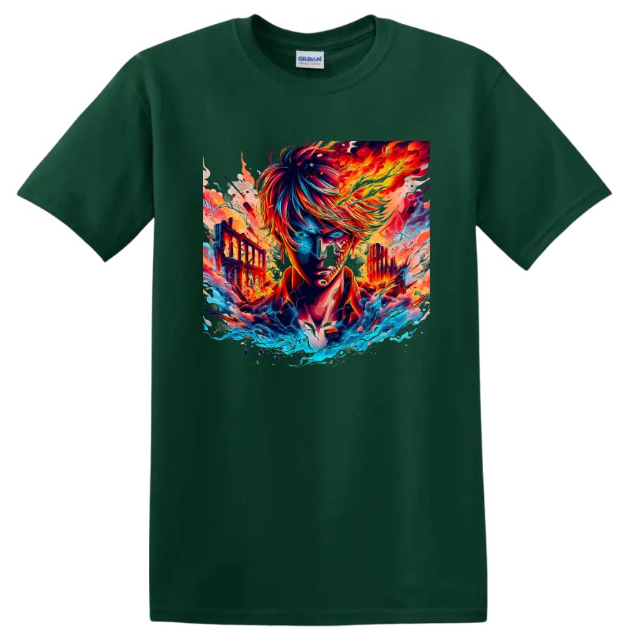 Sanji One Piece fiery anime warrior with flames, waves, and ruined city art on a Forest Green T Shirt
