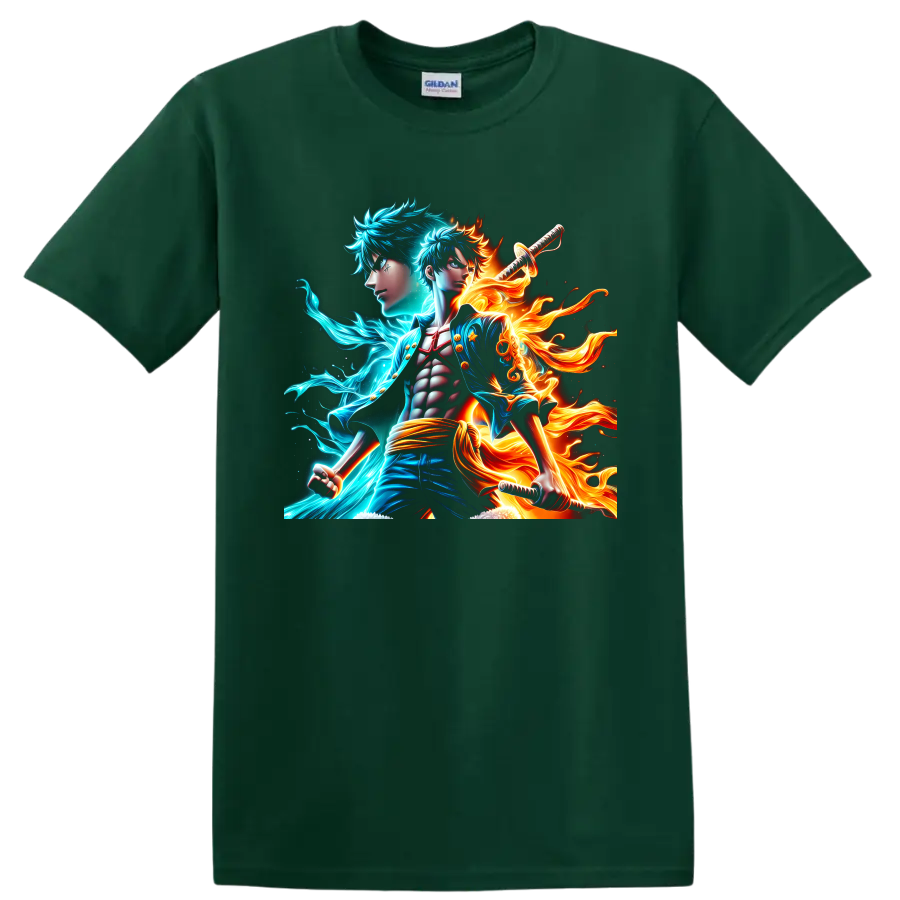 Monkey D. Luffy and Portgas D. Ace anime warrior art with cyan energy and flames on a Forest Green T Shirt