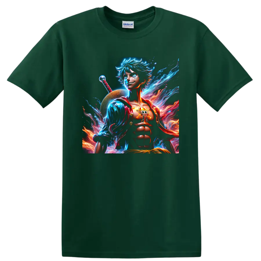 Monkey D. Luffy Gear 5 neon anime pirate warrior with straw hat and energy waves on a Forest Green T Shirt