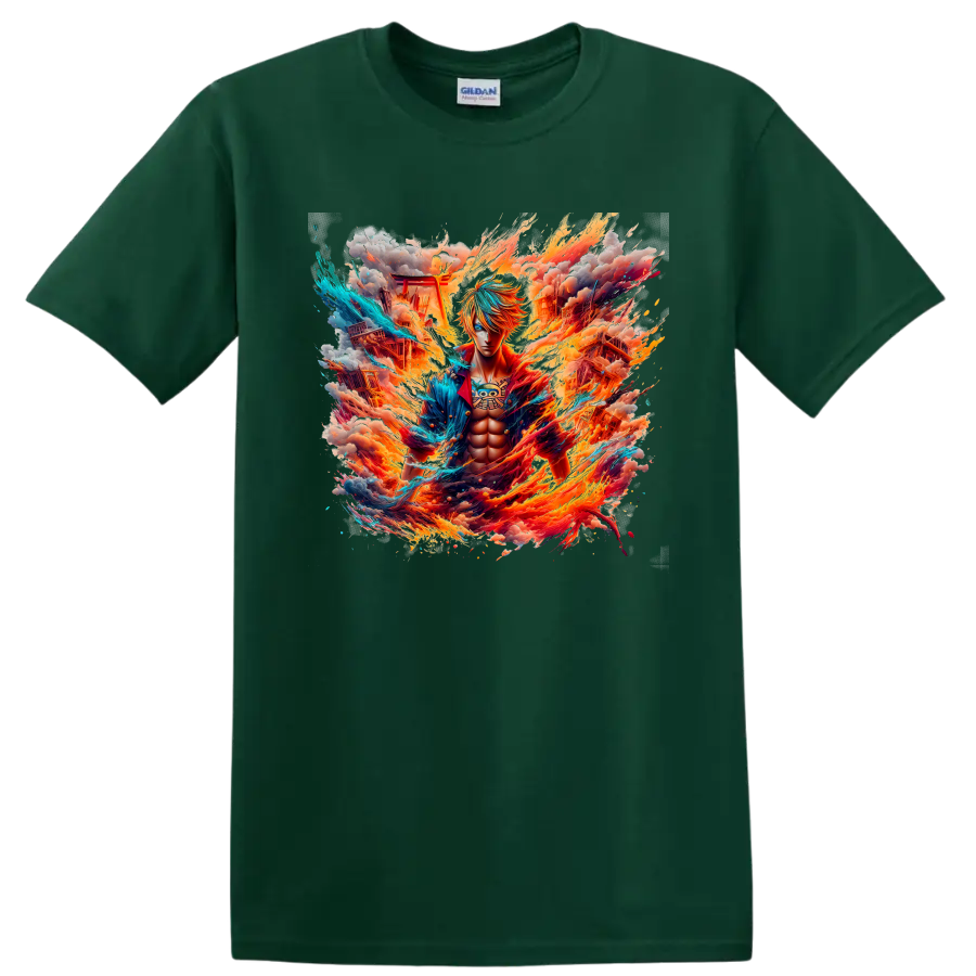 Sanji One Piece anime warrior graphic with flames, blue energy, smoke, and ruins on a Forest Green T Shirt