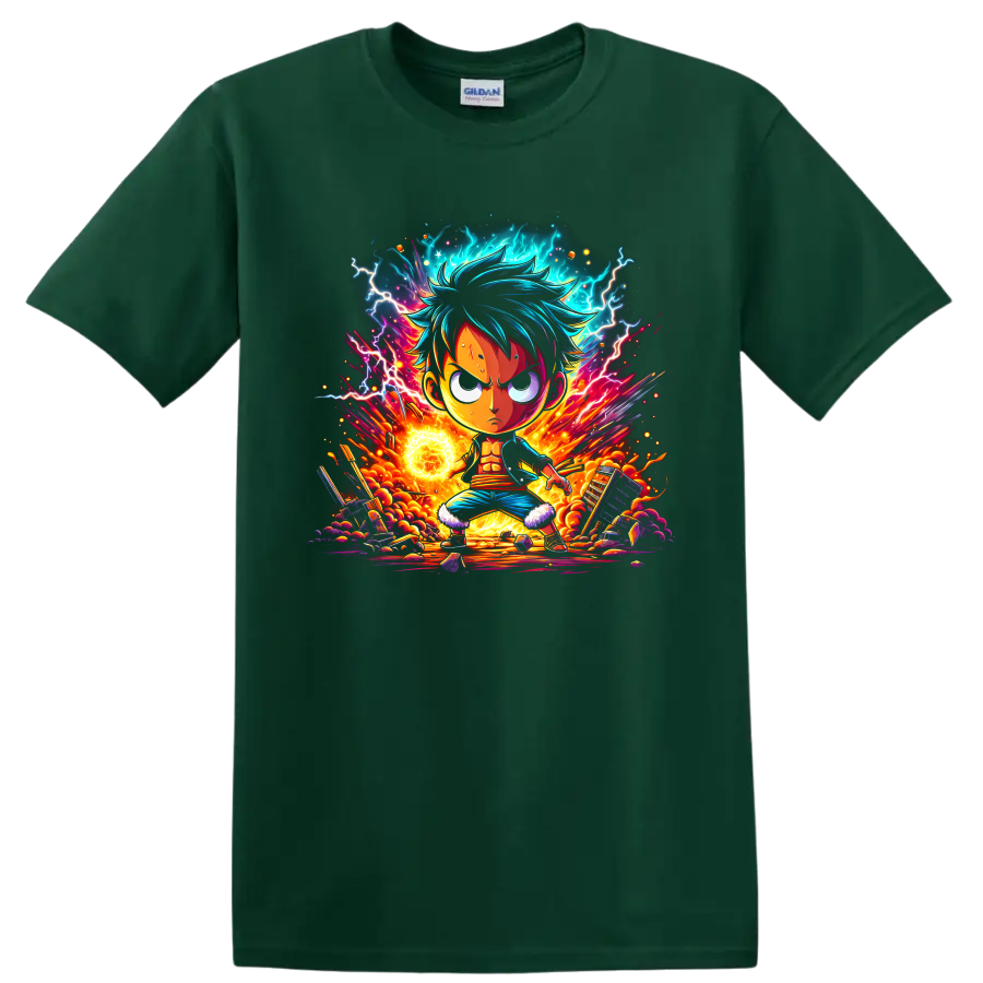 Monkey D. Luffy anime hero graphic with lightning, fire, glowing energy, and rubble on a Forest Green T Shirt