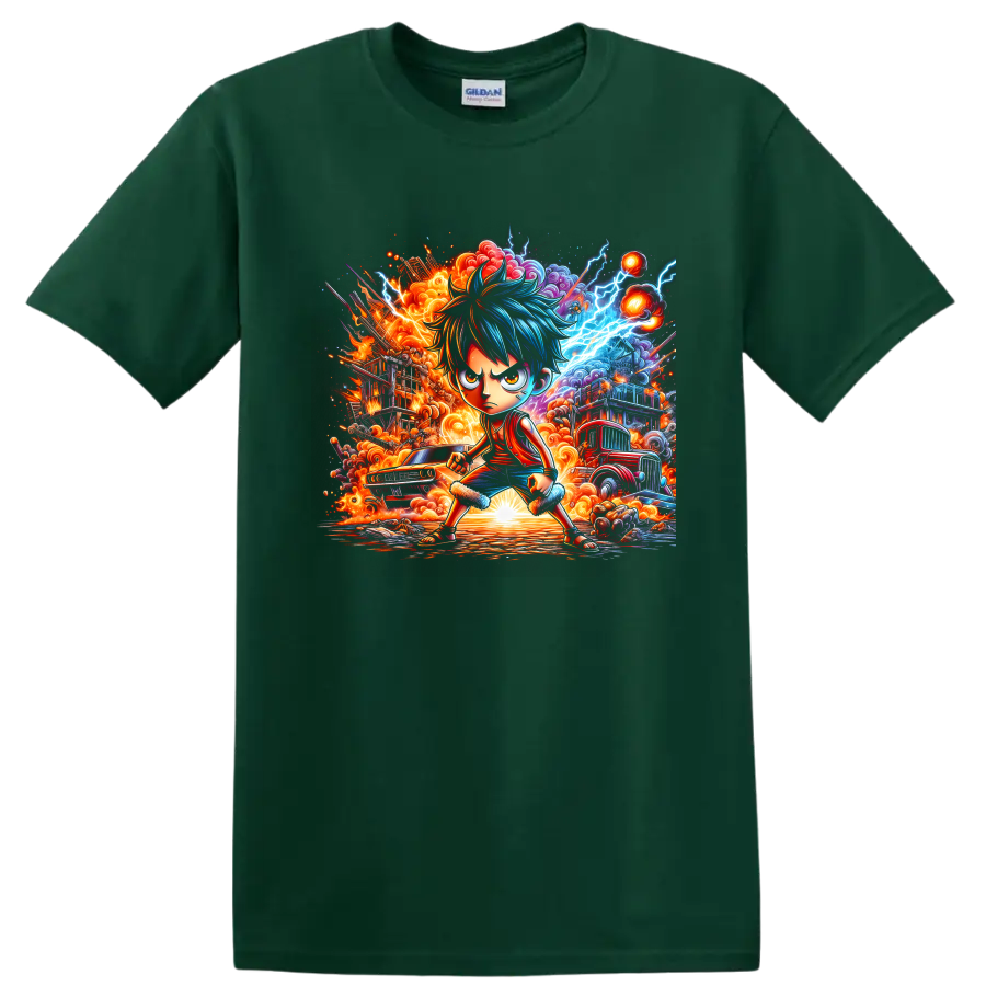 Monkey D. Luffy Gear 5-inspired anime fighter with fiery clouds and blue lightning on a Forest Green T Shirt