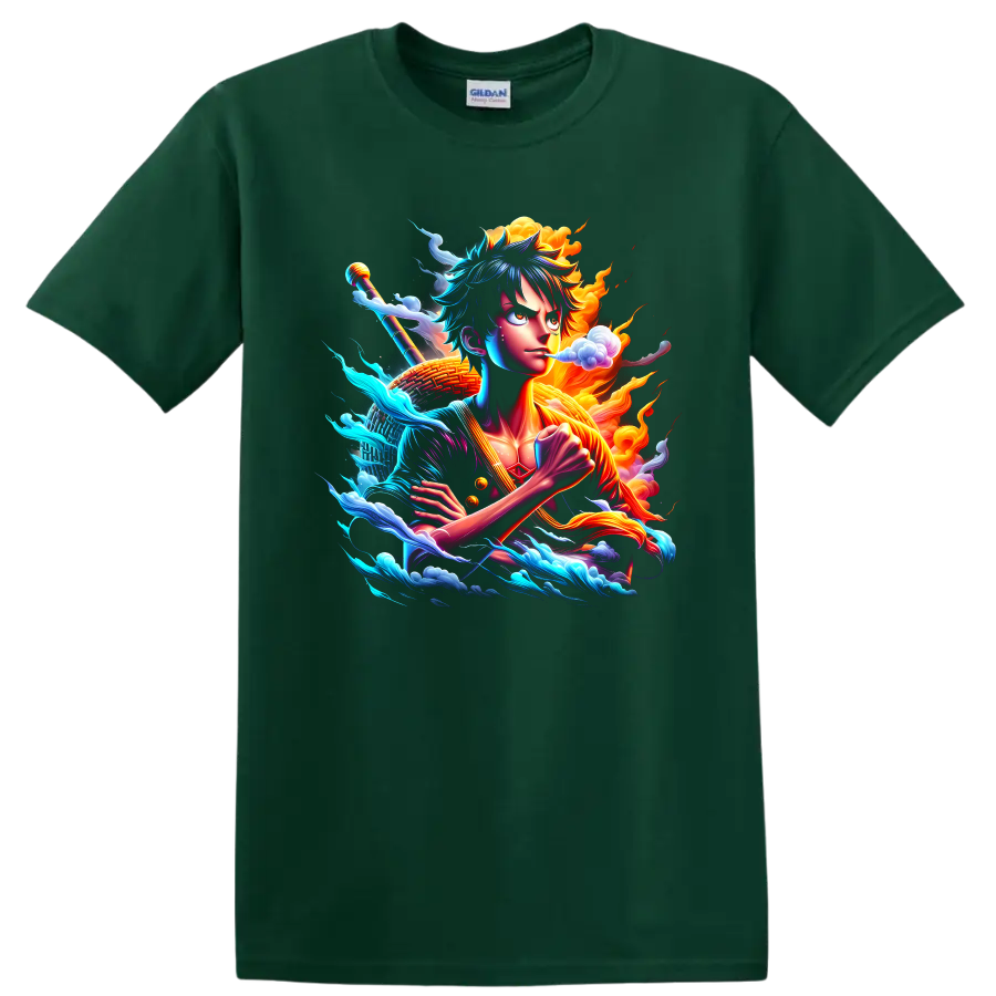 Monkey D. Luffy Gear 5-inspired anime action art with waves, clouds, and flames on a Forest Green T Shirt