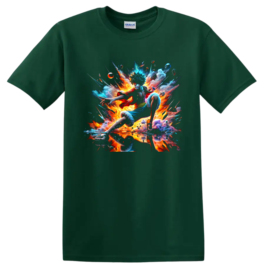 Monkey D. Luffy Gear 5 fiery anime action graphic with clouds and energy bursts on a Forest Green T Shirt